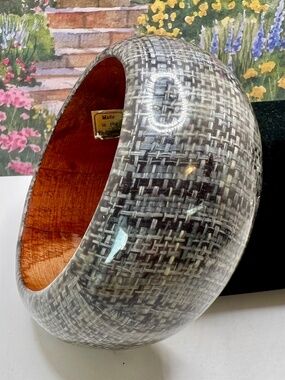 Wood Bangle with Grey Bouclé Fabric Under Acrylic